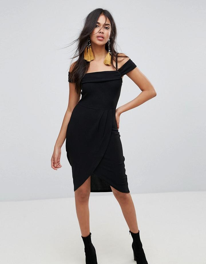 Ax Paris Bardot Wrap Front Midi Dress - Black