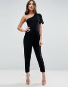 Asos Jersey One Shoulder Jumpsuit With Bell Sleeve - Black