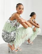 Asos Edition Paillette Sequin Crop Top With Faux-feather Hem In Silver And Green