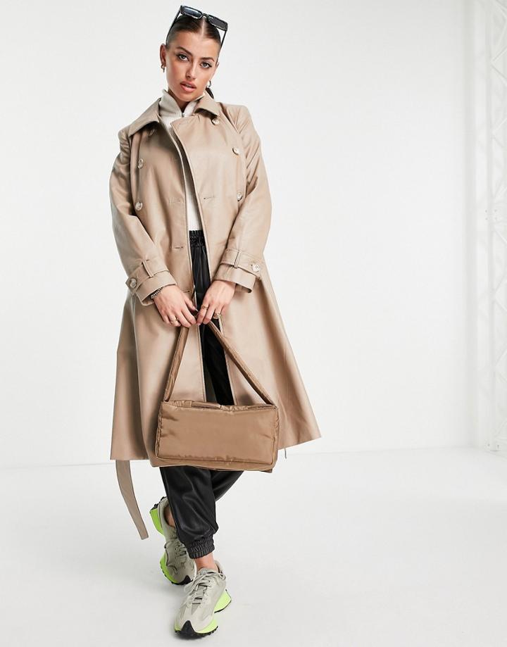 Helene Berman Double Breasted Pleather Trench Coat In Beige-neutral