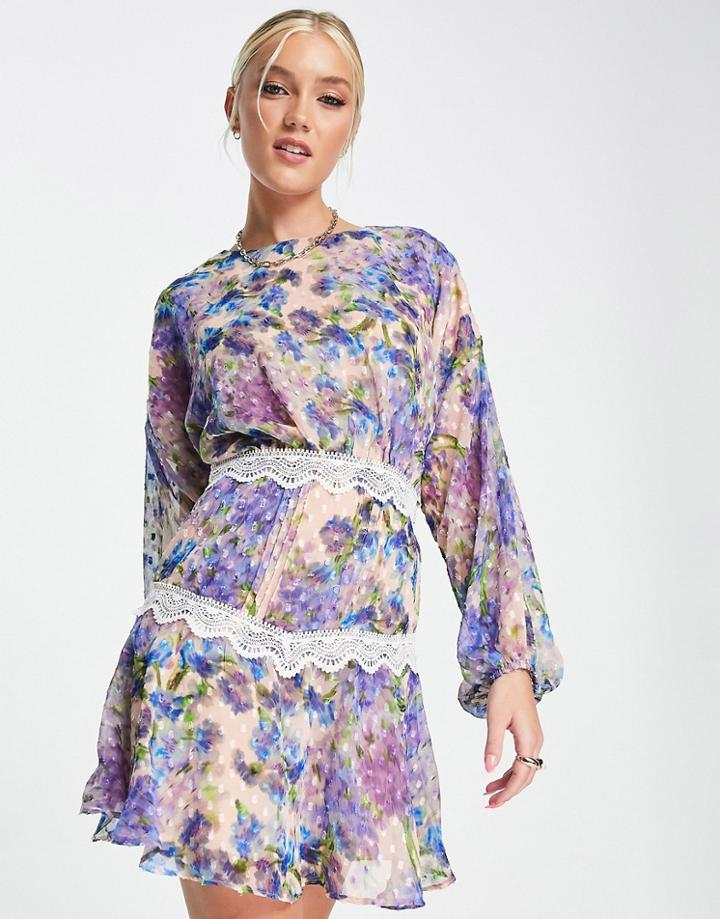 Hope & Ivy Tomasina Print Mini Dress With Long Sleeves In Lilac-purple