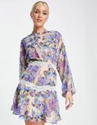 Hope & Ivy Tomasina Print Mini Dress With Long Sleeves In Lilac-purple