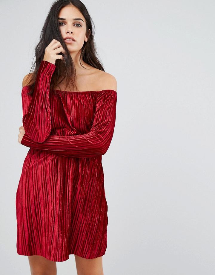 Club L Bardot Smock Velvet Dress With Sleeve - Red