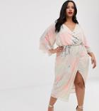 Asos Design Curve Midi Kimono Dress In Pearl And Sequin Patched Embellishment-multi
