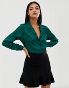 Asos Design Relaxed Satin Long Sleeve Shirt - Green