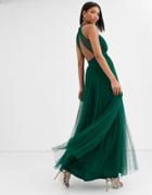 Asos Design Halter Cross Over Front Tulle Maxi Dress In Forest Green-multi