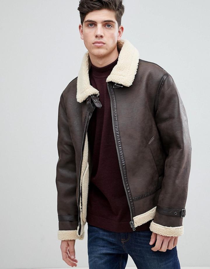 Mango Man Fleece Lined Aviator Jacket In Chocolate - Brown