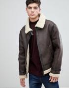 Mango Man Fleece Lined Aviator Jacket In Chocolate - Brown