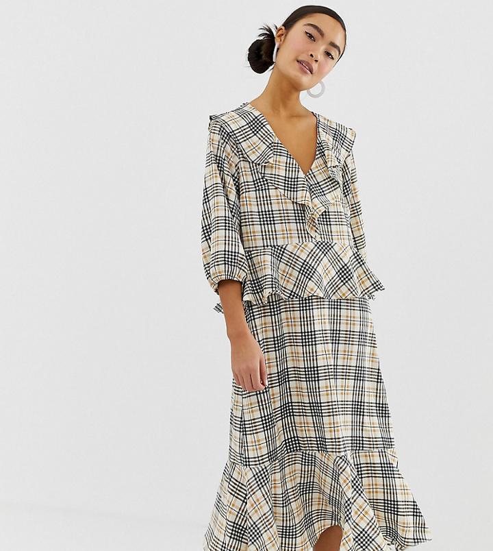 Monki Frill Detail Midi Dress In Check Print-beige