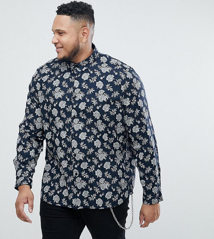 Asos Plus Regular Fit Viscose Floral Print Shirt - Navy