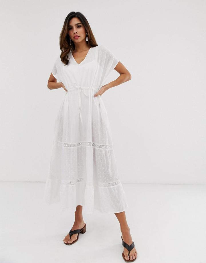 Vila Embroidered Cotton Caftan Dress - White