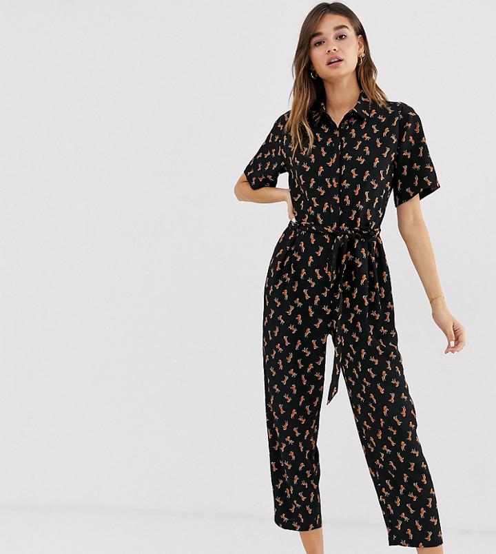 Monki Short Sleeve Belted Horse Print Jumpsuit In Navy