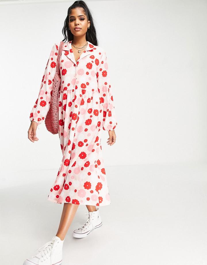 Monki Recycled Polyester Midi Shirt Dress In Pink And Red Floral Print-multi