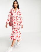 Monki Recycled Polyester Midi Shirt Dress In Pink And Red Floral Print-multi