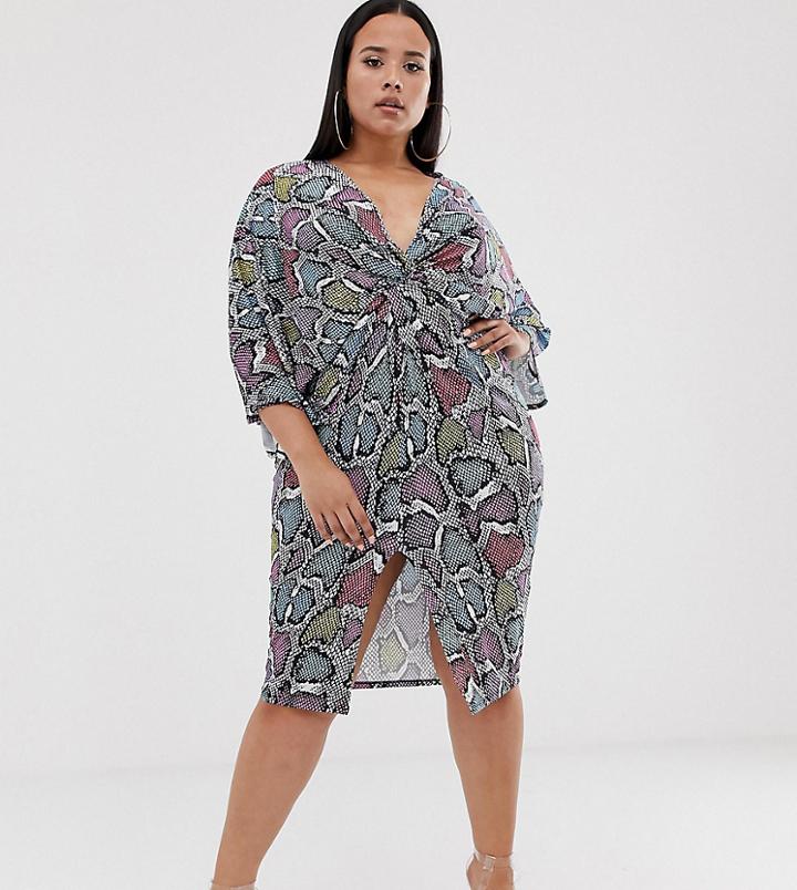 Flounce London Plus Twist Front Midi Dress In Multi Animal - Multi