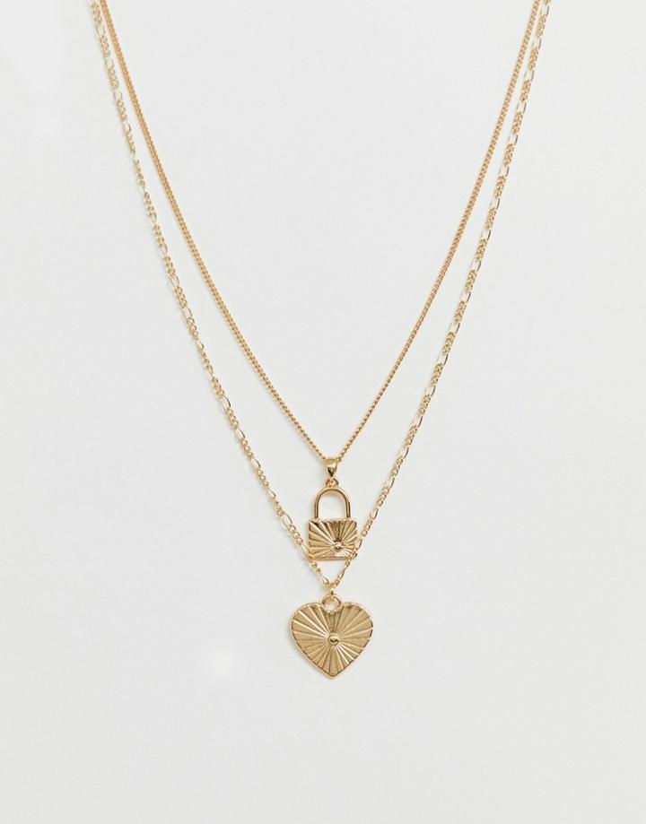 Asos Design Multirow Necklace With Engraved Heart And Padlock Pendants In Gold Tone - Gold