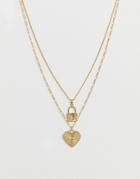 Asos Design Multirow Necklace With Engraved Heart And Padlock Pendants In Gold Tone - Gold
