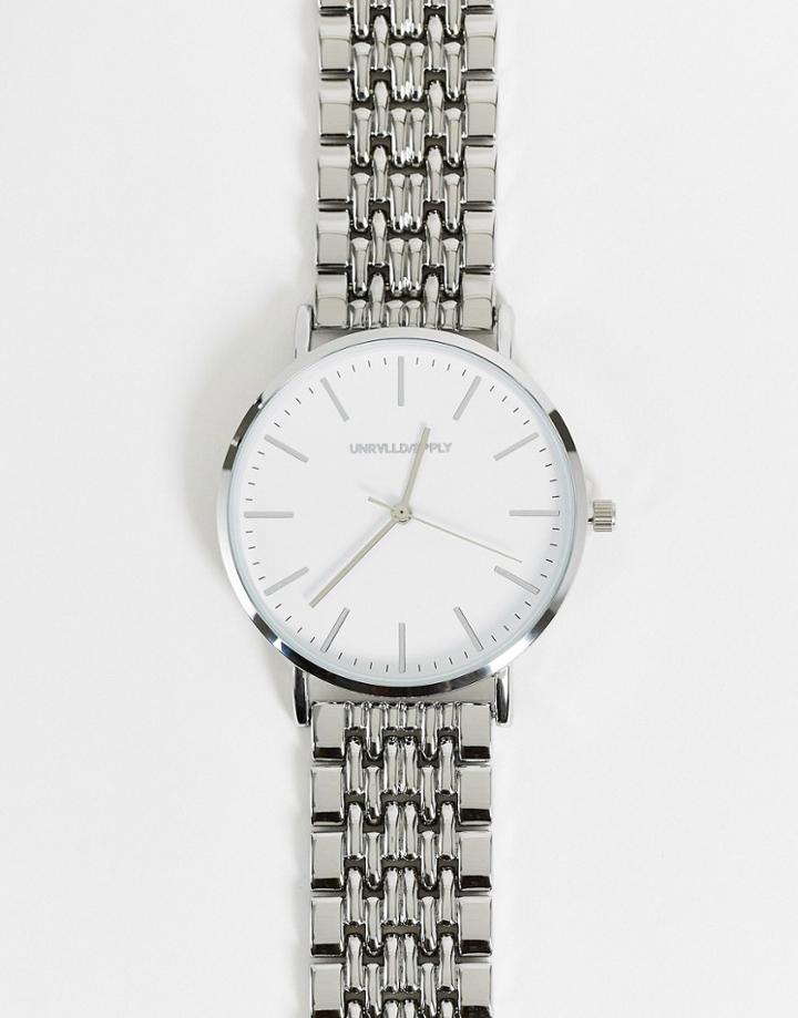 Asos Design Bracelet Watch With White Face In Shiny Silver Tone