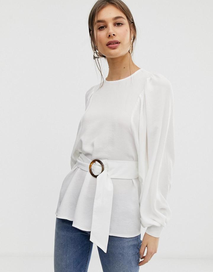 Asos Design Oversized Long Sleeve Top With Belt Detail-white