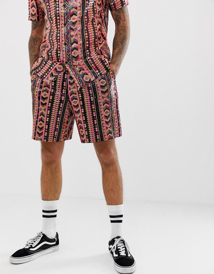 Asos Design Festival Two-piece Sequin Shorts In Geo-tribal Design-pink