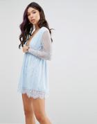 Motel Wrap Front Skater Dress In Delicate Lace - Blue