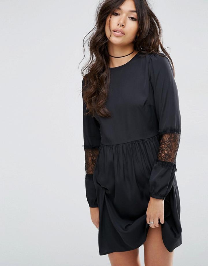 Asos Long Sleeve Mini Dress With Lace Insert - Black