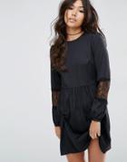 Asos Long Sleeve Mini Dress With Lace Insert - Black
