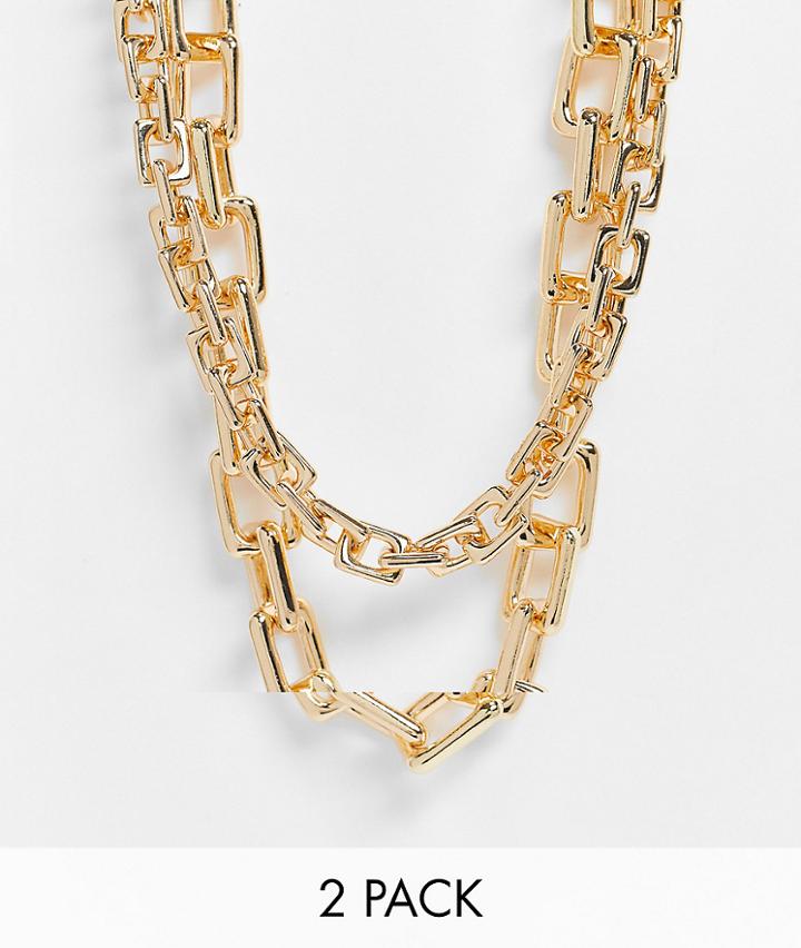 Asos Design Pack Of 2 Necklaces In Square Link Chain In Gold Tone