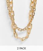 Asos Design Pack Of 2 Necklaces In Square Link Chain In Gold Tone