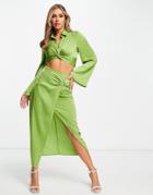 Aria Cove Satin Knot Front Midi Skirt With Thigh Split Detail In Lime - Part Of A Set-green