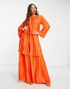 Asos Design Polyester Tiered Pleated Maxi Dress In Orange - Multi
