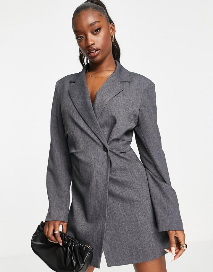 Aria Cove Cinched Waist Detail Mini Tuxedo Blazer Dress In Gray-grey