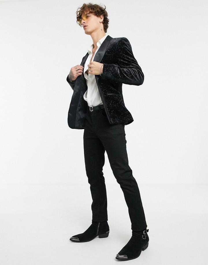 Asos Design Super Skinny Tuxedo Blazer In Black Glitter Velvet