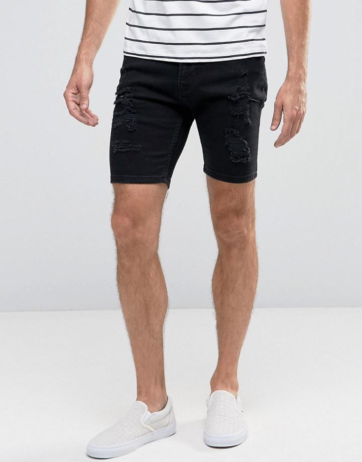 Hoxton Denim Shorts Rip And Repair Black Wash - Black
