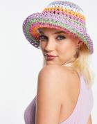 Asos Design Crochet Straw Bucket Hat And Size Adjuster In Rainbow-multi