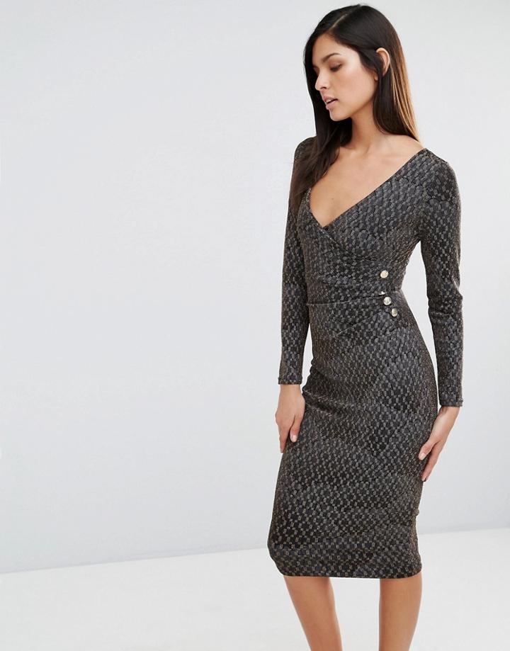 Vesper Printed Cross Front Pencil Dress - Gold