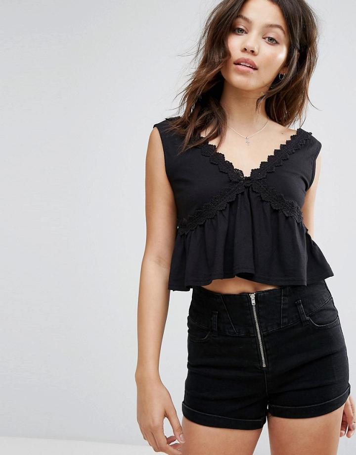 New Look Lace Peplum Cami Top - Black