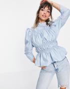 Vero Moda Poplin Top With Shirring And Puff Sleeves In Blue-blues
