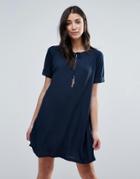 First & I Short Sleeve Dress With Tie Up Detail - Blue