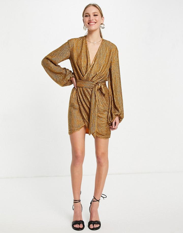 Asos Design Embellished Mini Wrap Dress With Tie Waist Detail In Orange