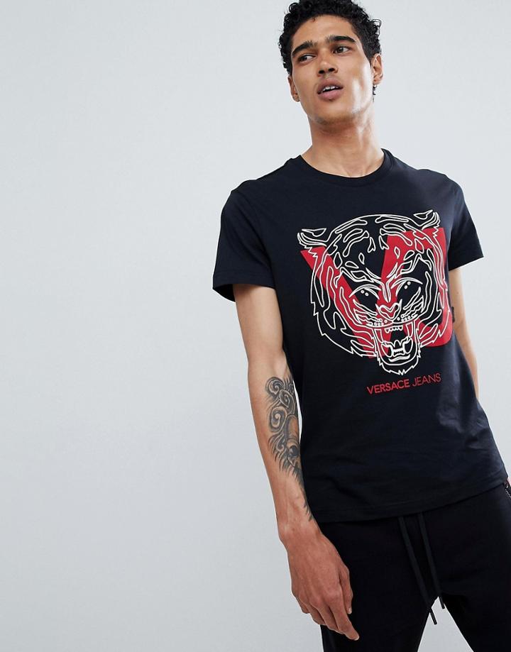 Versace Jeans T-shirt In Black With Tiger Logo Print - Black