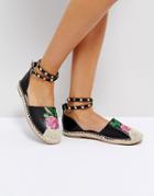 Truffle Collection Embriodered Stud Ankle Espadrille - Black