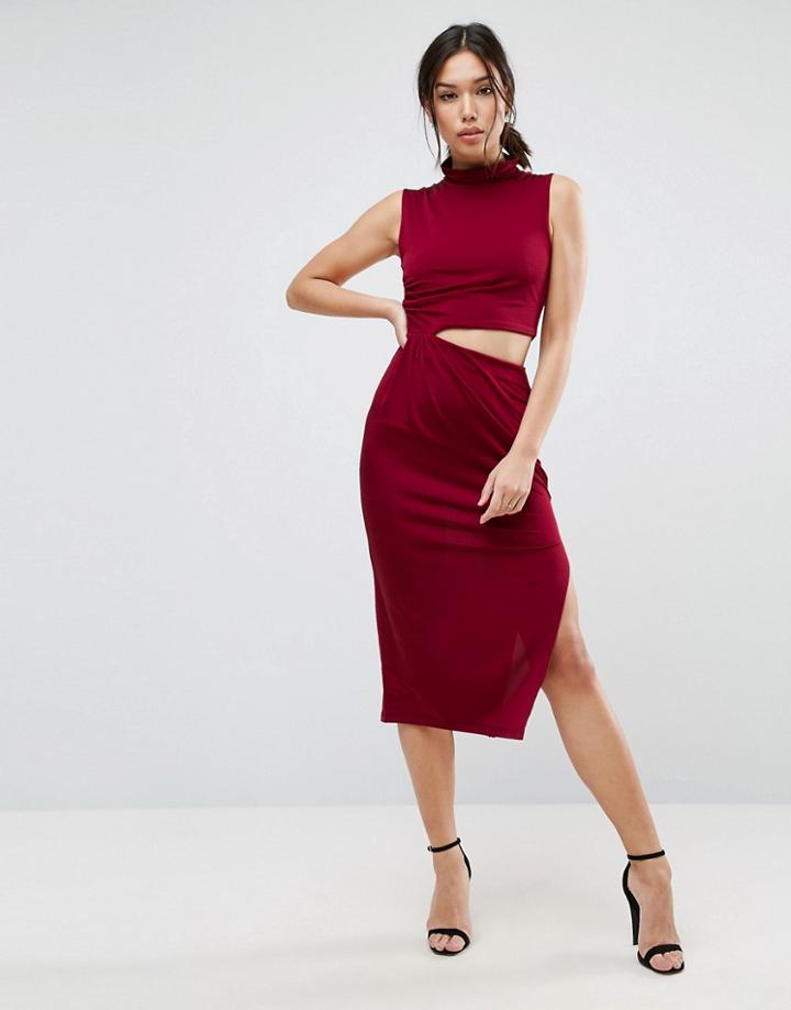 Asos Slinky High Neck Twist Knot Midi Dress - Red