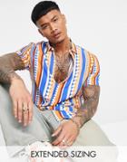 Asos Design Abstract Stripe Shirt In Blue And Orange