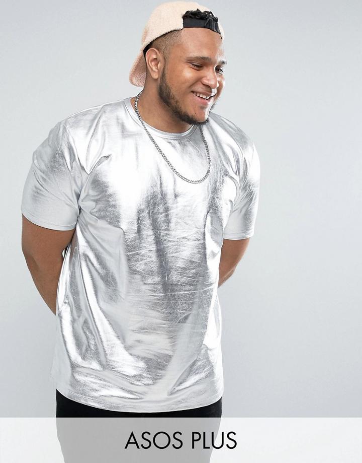 Asos Plus Festival Longline T-shirt In Silver - Blue
