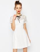 Asos High Neck Skater Dress In Lace And Ponte - Ivory