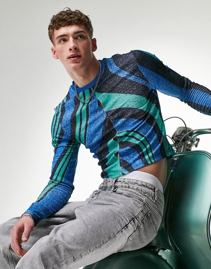 Asos Design Muscle Long Sleeve T-shirt In Blue And Green Texture With Front Cut-outs