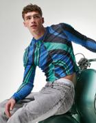 Asos Design Muscle Long Sleeve T-shirt In Blue And Green Texture With Front Cut-outs
