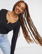 Brave Soul Nalia Notch Neck Long Sleeve Top In Rib-black
