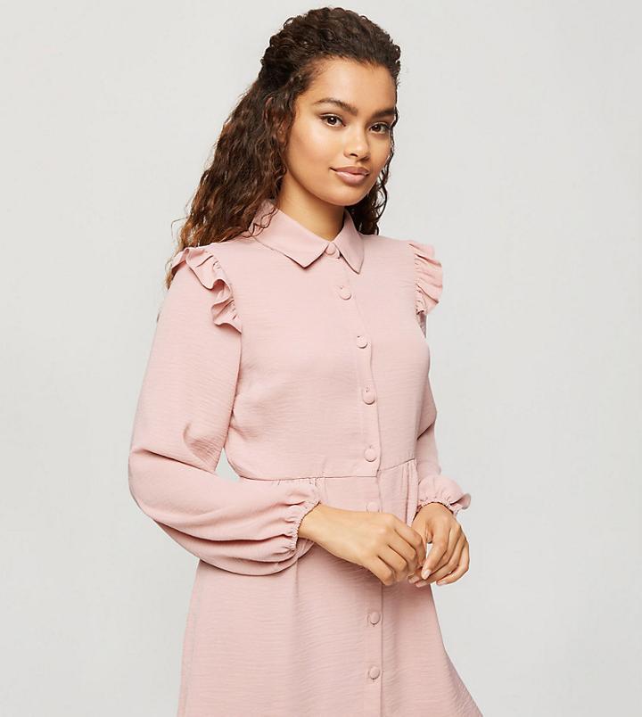 Miss Selfridge Petite Shirt Dress With Frill Detail In Blush-pink